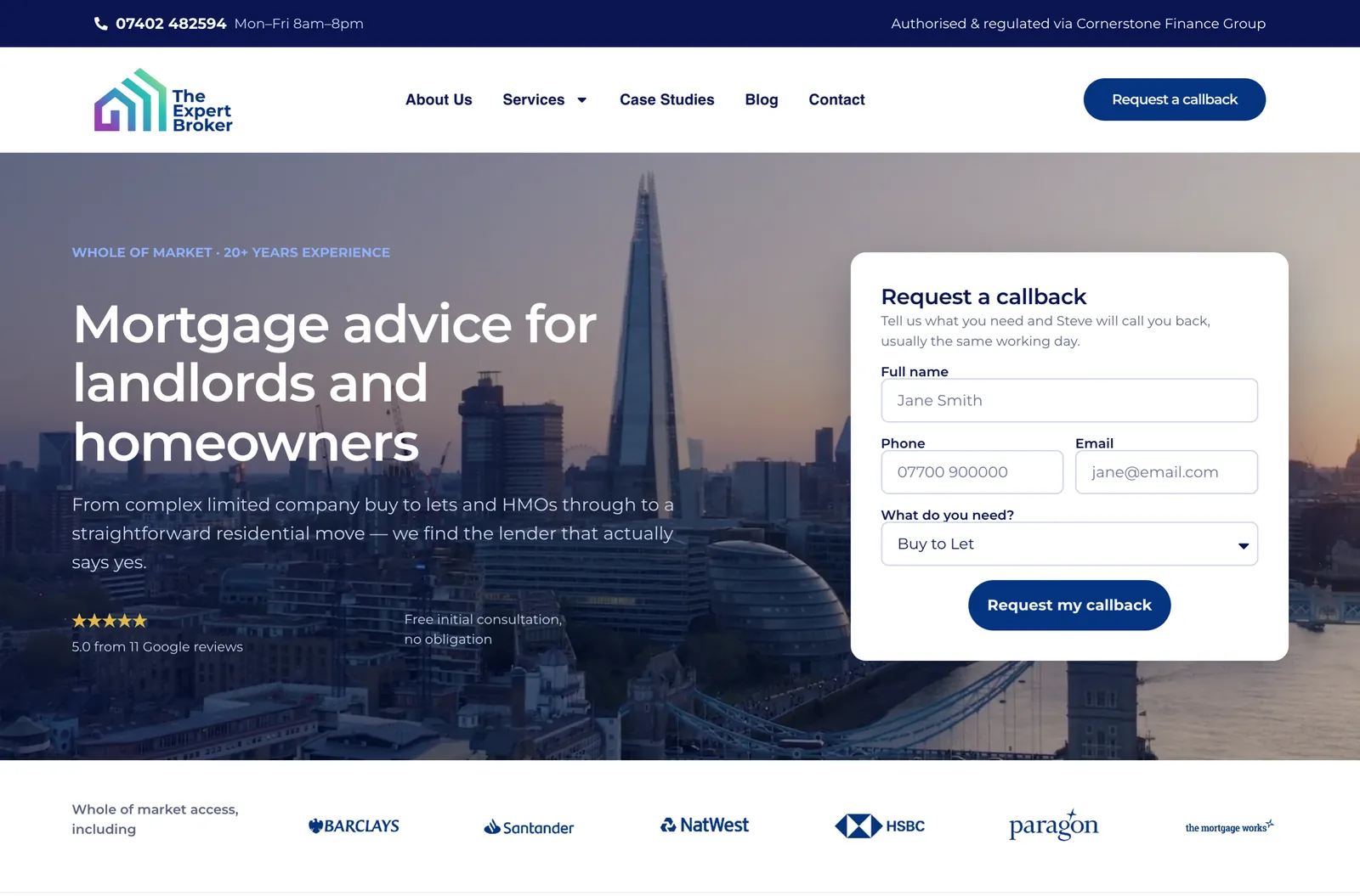 The Expert Broker homepage hero after the Ignite rebuild, with a callback form