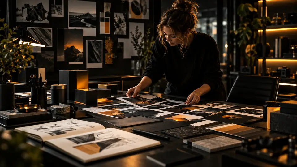 Designer laying out brand moodboard prints across a studio desk