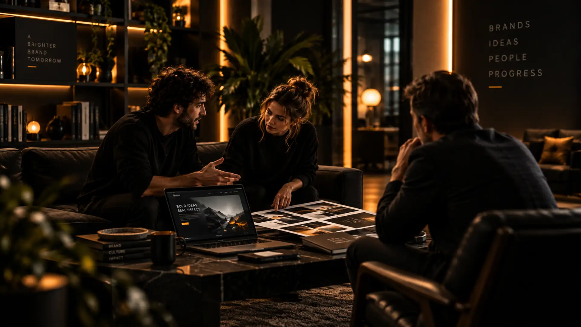 Ignite Creative team in a strategy session around a studio table