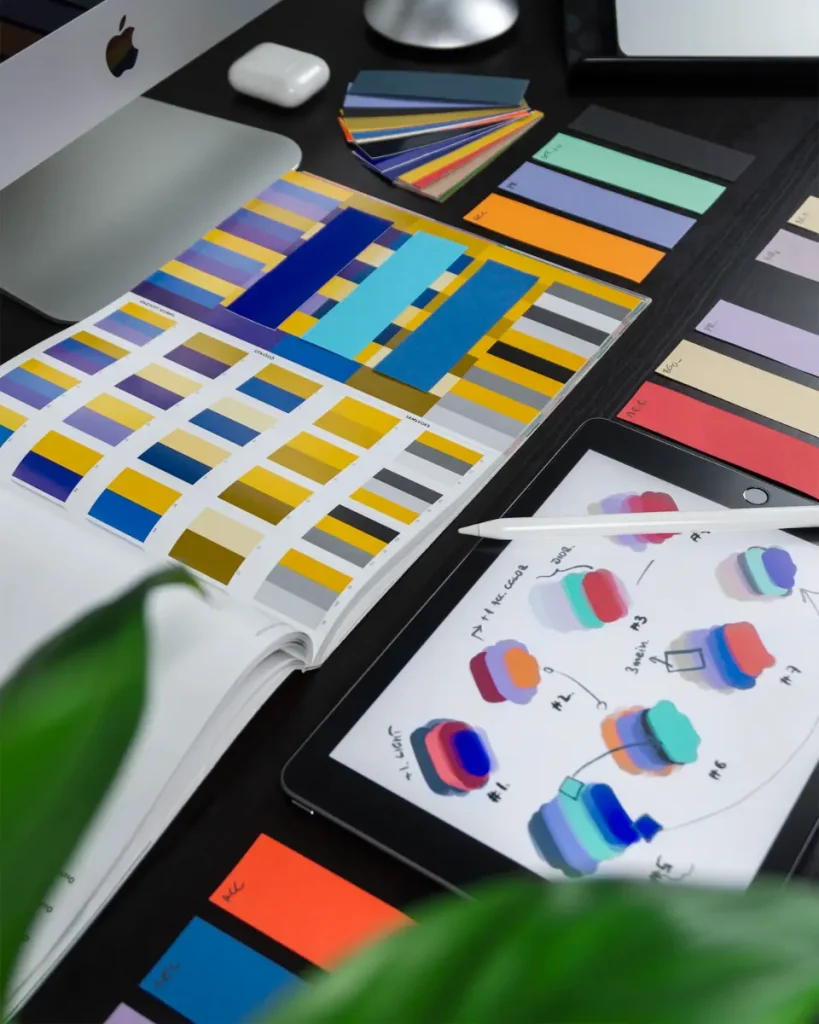 Brand colours being chosen from swatch books and a tablet on a designer's desk