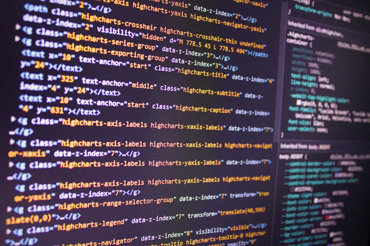 Page builder or custom code: website markup and style rules open in a code editor