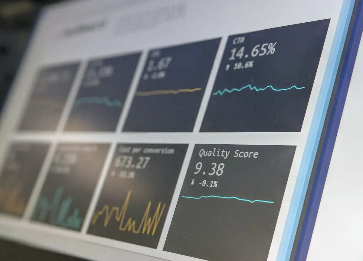 SEO or PPC comparison: advertising dashboard showing CTR, cost per conversion and quality score