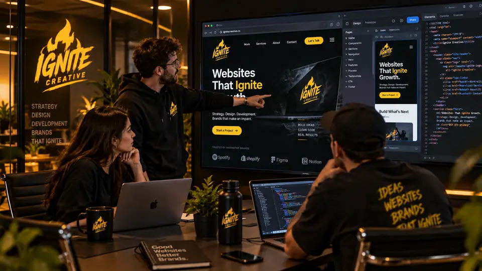 Web design Heswall: the Ignite Creative team reviewing a website build on studio screens