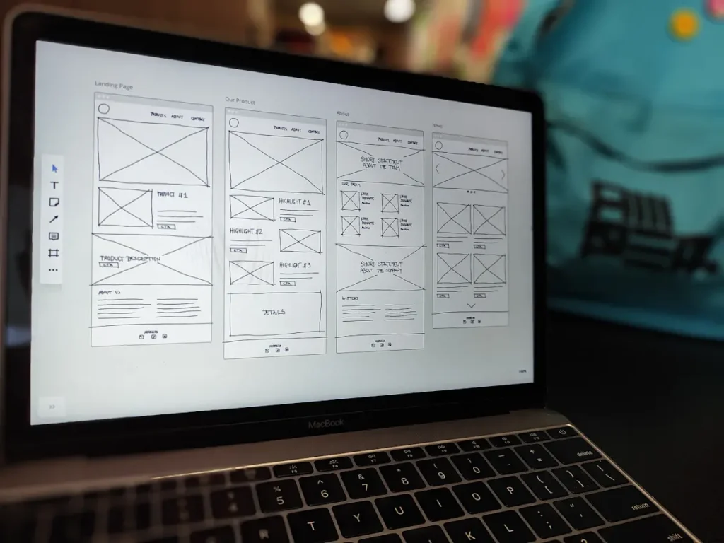 Website wireframe layouts for four pages shown on a laptop screen
